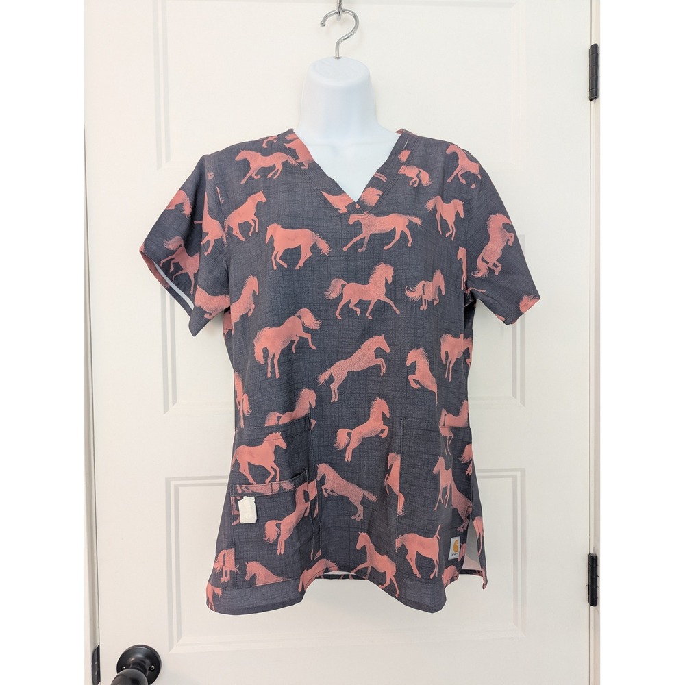 Carhartt Liberty Scrub Top Womens Small Gray Pink Horse Print V-Neck Modern Fit